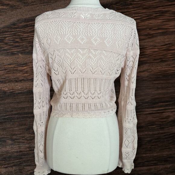 Mabel Lacy Knit Cropped Cardigan Sweater Sz L Ivory Button Up w Balloon Sleeves - Picture 7 of 10